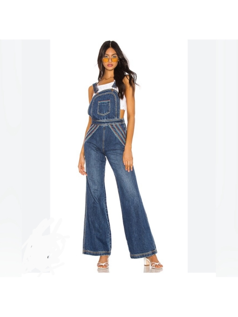 We The Free chasing rainbows 🌈 Blue Denim Striped-Trim Overalls Jumpsuit Size 2 - Picture 2 of 6